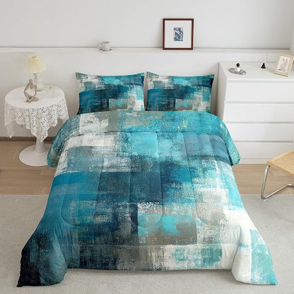Erosebridal Turquoise and Grey Comforter Set King,Grunge Teal Ombre Duvet Insert for Adult Warm,Vintage Watercolor Artwork Bedding Set Bedroom Decor,Contemporary Quilt Comforter with 2 Pillowcases