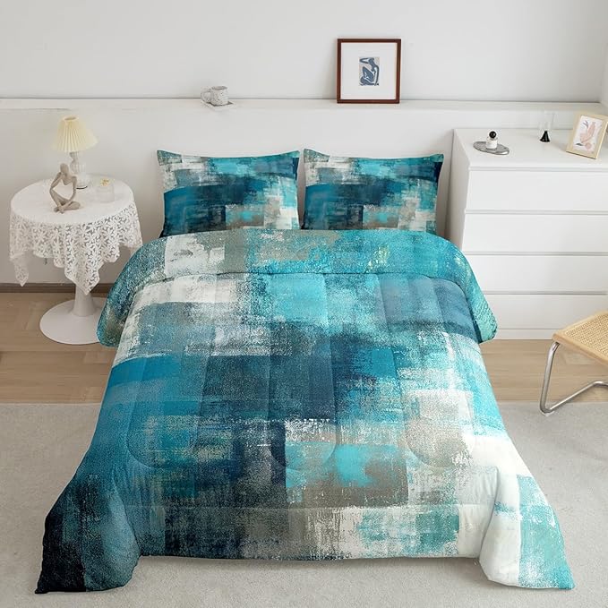 Erosebridal Turquoise Bedding Twin for Girls,Teal and Grey Ombre Comforter Set,Modern Watercolor Duvet Insert,Vintage Contemporary Artwork Quilt Comforter with 1 Pillowcase Simple Mid Century Decor