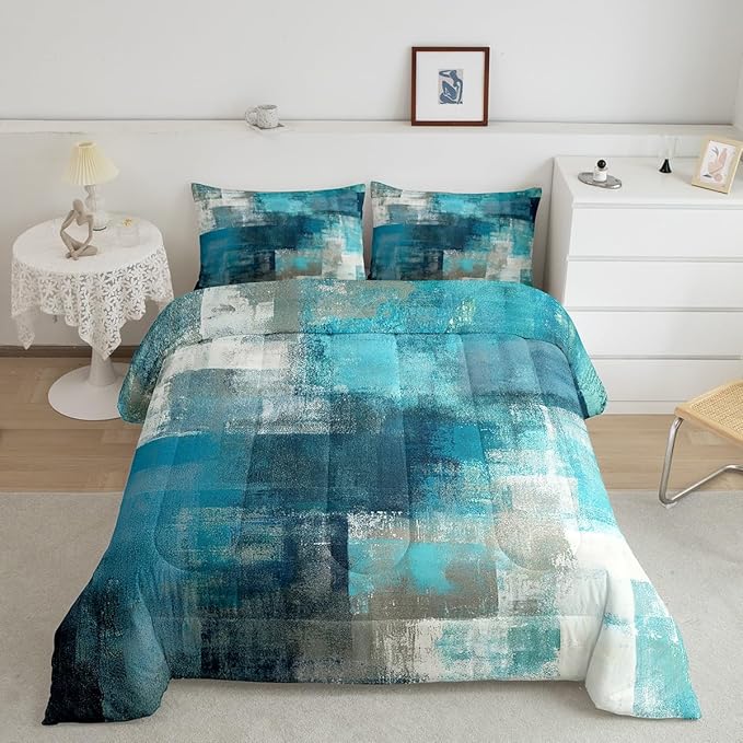 Erosebridal Turquoise and Grey Comforter Set Queen,Grunge Teal Ombre Duvet Insert for Adult Warm,Vintage Watercolor Artwork Bedding Set Bedroom Decor,Contemporary Quilt Comforter with 2 Pillowcases