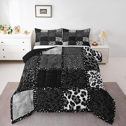 Erosebridal Grey Leopard Print Twin Comforter Set for Kids Boys Girls,Animal Skin Texture Bedding Set,Patchwork Geometric Duvet Insert,Farmhouse Bed Set for All Season