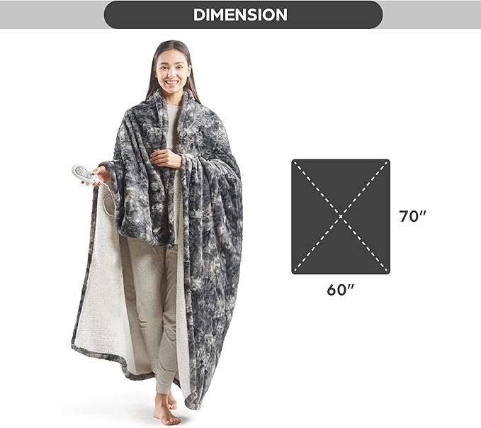 Codi Soft Oversize Heated Throw Blanket, Marble Grey Faux Fur with Fuzzy Sherpa Back | 60 x 70 Oversized Electric Throws for Couch | 3 Heat Setting with 2H Auto Shut Off, 6ft Power Cord | Washable