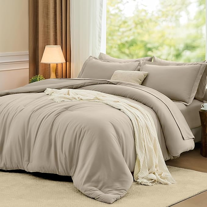 FUANNA King Size Comforter Sets Oatmeal, 7 Pieces Soft Bedding Set, All Season Lightweight Bed in a Bag with Comforter, Flat Sheet, Fitted Sheet, Pillowcases & Shams