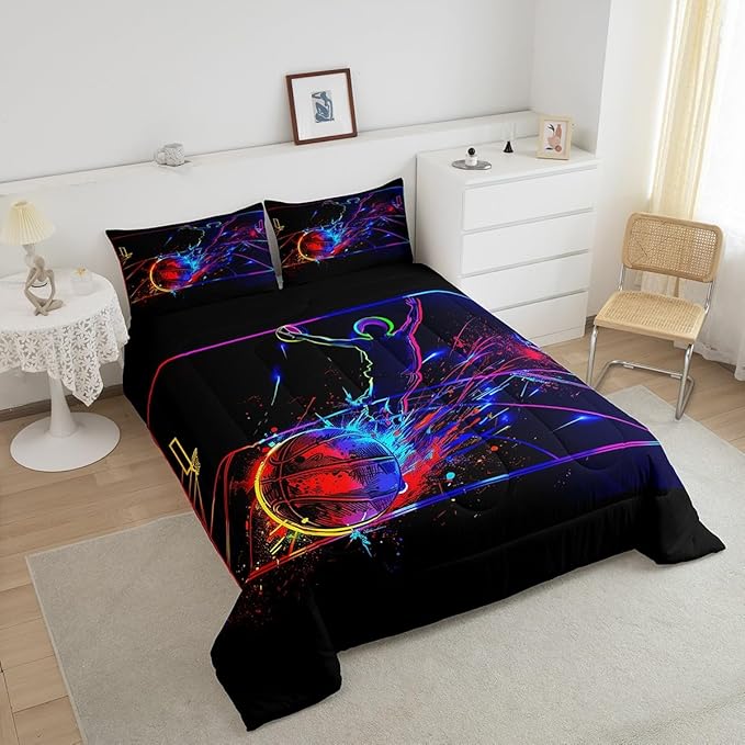Erosebridal Basketball Comforter Set Queen 3D Sports Bedding Sets for Boys Teens Kids Men Tie Dye Fire and Ice Comforter Player Sport Game Warm Soft Lightweight Red Blue Quilt Set, Black
