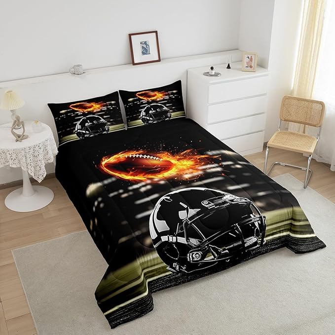 Feelyou Rugby Comforter Set Twin Size Rugby Sports Comforter for Boys Girls Teens Gift for Football Lover Bedding Set Soccer Ball Game Duvet Set Black Yelllow Quilt Set