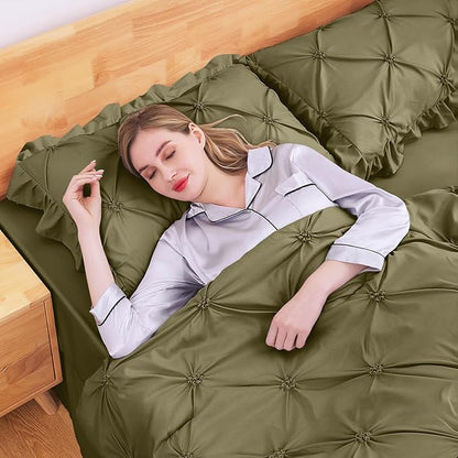 JOLLYVOGUE Olive Green King Size Comforter Sets 7 Pieces, Pintuck Bed in a Bag Comforter Set for Bedroom, Bedding Comforter Sets with Comforter, Sheets, Ruffled Shams & Pillowcases
