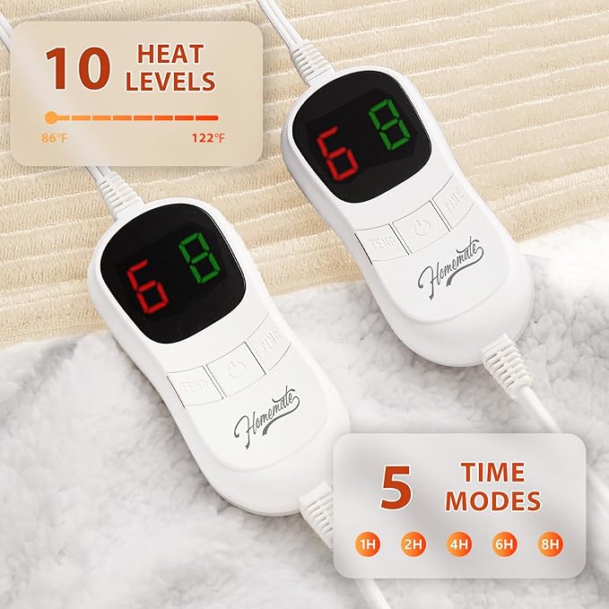 Homemate Electric Heated Blanket Queen Size - 84"x90" Heating Blanket Queen Size Dual Control 1/2/4/6/8 Hours Auto-Off 10 Heat Level Over-Heat Protection Soft Flannel Sherpa ETL Certification