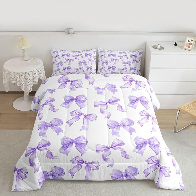 Erosebridal Purple Bowknot Girls King Bedding Set Dreamy Princess Bow Comforter Set Cute Kawaii Ribbon Bow Bedding Comforter Sets for Kids Teen Women Bedroom,Fantasy Coquette Bowknot Bed Set