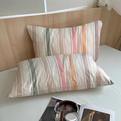 VM VOUGEMARKET Striped Comforter Set Queen Vertical Multicolor Stripes Cotton Bedding Comforter with 2 Pillowcases Modern Cozy Lightweight for Girls Women(Orange/Pink/Green/Coffee)