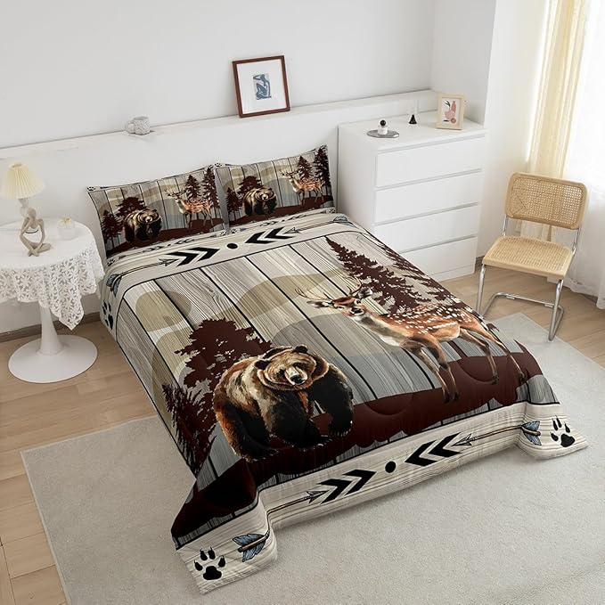 Feelyou Cute Bear Comforter Set Wild Animal Pattern Bedding Set for Teens Deer Wildlife Bear Bedding Set Western Farmhouse Grey Duvet Set Room Decor Queen Size Duvet Set 3Pcs