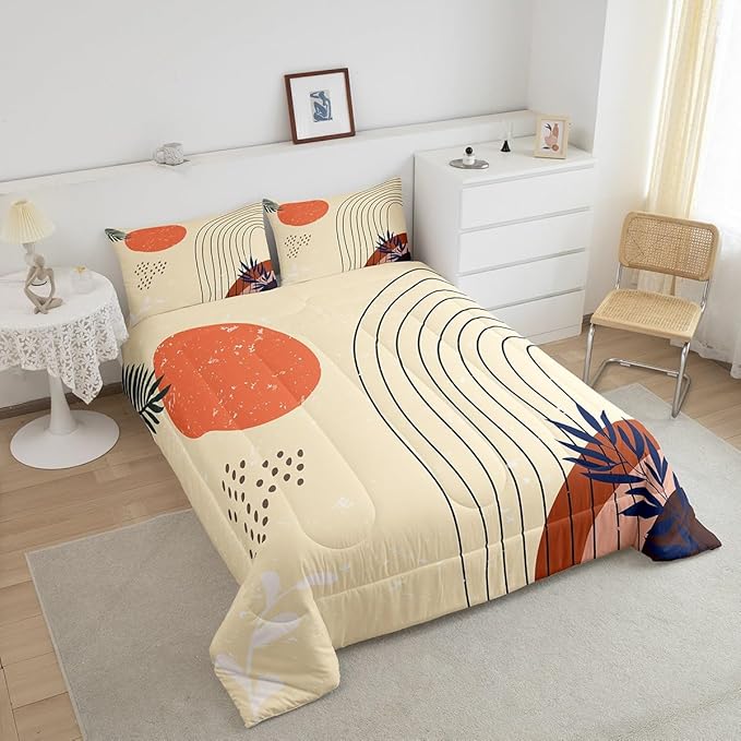 Retro Minimalism Bedding Set King Hippie Modern Comforter Set, Mid Century Duvet Insert Abstract Art Quilt Sets, Geometric Lines Stripes Bedding Comforters & Sets Red Sun Print Bedroom Decoratives
