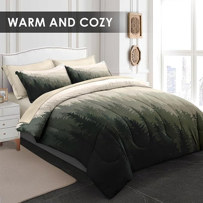 Comforter Set Full Size, Mountain Pine Tree 7 Pcs Bedding for Kids and Adults, Natural Forest Landscape Bed Sheet Sets with Fitted Sheet 2 Pillowcases & 2 Shams