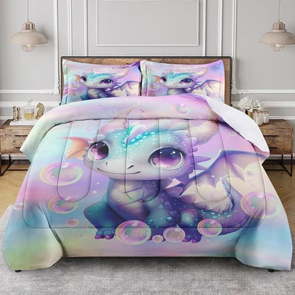 Cute Dragon Colorful Comforter Set for Kids Toddlers Teens Adults Queen, Blue Yellow Baby Bedding Sets Water Washed Microfiber Bedding with 1 Comforter 2 Pillowcase All Season