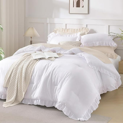 Andency Oversized King Ruffle Comforter Set 120x120, 3 Pieces White Lightweight Fluffy Super King Bedding Set, Shabby Chic Famhouse All Season Bed Set for Girls Women