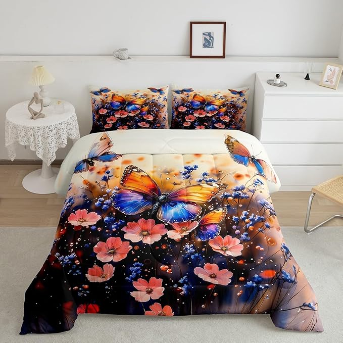 Feelyou Butterfly Comforter Set Queen Size Butterflies Print Comforter for Boys Girls Teens Animal Bedding Set Butterfly Floral Duvet Set Room Decor Blue Purple Quilt Set