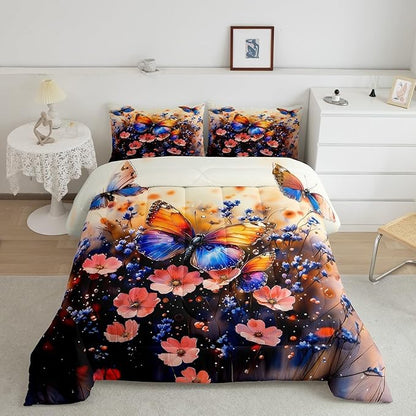 Feelyou Butterfly Comforter Set Queen Size Butterflies Print Comforter for Boys Girls Teens Animal Bedding Set Butterfly Floral Duvet Set Room Decor Blue Purple Quilt Set
