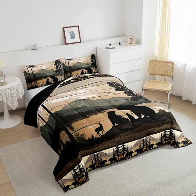 Feelyou Retro Bear Family Bedding Set Wild Animal Hunt Comforter Set for Kids Boys Girls Rustic Farmhouse Comforter Retro Cabin Quilt Set Bedroom Collection 2Pcs Toddler Size