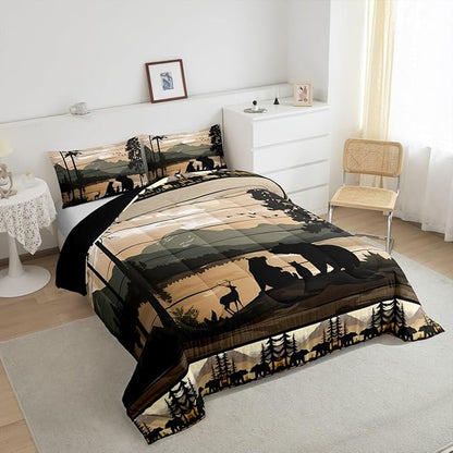Feelyou Retro Bear Family Bedding Set Wild Animal Hunt Comforter Set for Kids Boys Girls Rustic Farmhouse Comforter Retro Cabin Quilt Set Bedroom Collection 2Pcs Toddler Size