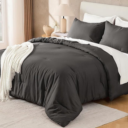 Andency Dark Grey King Size Comforter Set, 3 Pieces Boho Solid Bedding Comforter Set, Soft Cozy Lightweight Reversible All Season Warm Microfiber Bed Blanket Quilt Sets for Men Women (104x90Inch)