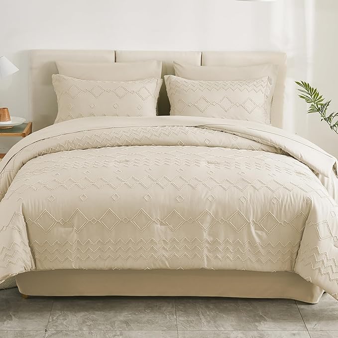 EMME Twin Comforter Set - 5 Pcs Beige Boho Bedding Sets, Tufted Comforter with Sheets, Shabby Chic Embroidery Twin Bed Set Fluffy Bed Bag for All Season(68"X90")