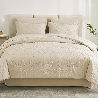 EMME Twin Comforter Set - 5 Pcs Beige Boho Bedding Sets, Tufted Comforter with Sheets, Shabby Chic Embroidery Twin Bed Set Fluffy Bed Bag for All Season(68"X90")