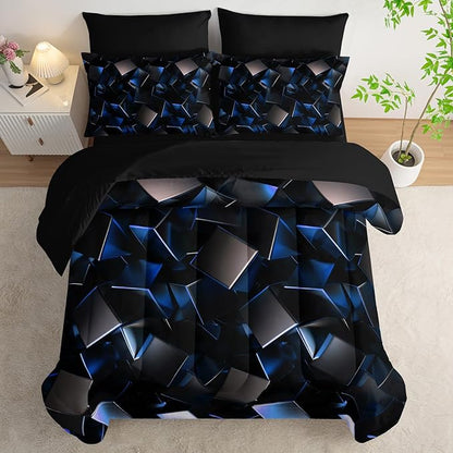 Blue and Black Geometric Comforter Set Twin Size 7PCS,Abstract Triangular Printed Bedding Set for Adults,Geometric Mordern Art Decor All Seasons with Pillowcases,Flat, Fitted Sheet