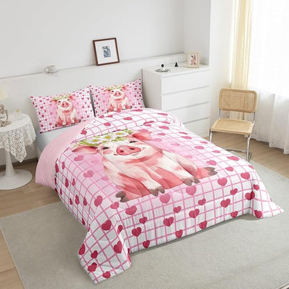 Cute Pig Bedding Set Full, Cherry Blossoms Comforter Set For Girls Kids, Cartoon Pet Animal Duvet Set, Pink Grid Heart Pattern Lattice Quilted Duvet, Farmhouse Bedding Comforters, All Season