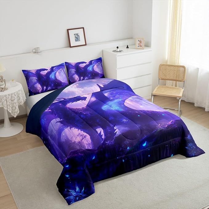 Feelyou Dragon Comforter Set Queen Size Jungle Dragon Comforter for Boys Girls Teens Western Dragon Bedding Set Wild Animal Duvet Set Room Decor Purple Quilt Set