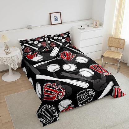 Erosebridal 3D Baseball Comforter Set Queen Sport Theme Bedding Set Men Young Ball Games Bedding Comforter Sets Black White Grey Down Comforter Lightweight Bedroom Decor with 2 Pillow Cases