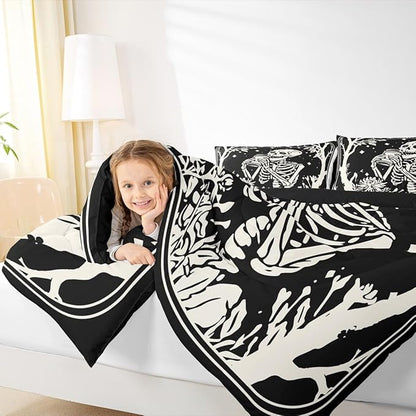 Erosebridal Goth Bedding Set Full for Home, Spooky Halloween Gothic Skull Comforter Set, Skeleton Drinking Coffee Black Comforter, Sun and Moon Quilt with 2 Pillowcases for Kids Teens Women Men