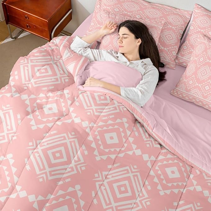 Erosebridal Pink Southwestern Bedding Set Queen Exotic Tribal Aztec Comforter Set 7 Piece Western Geometric Bohemian Bed in A Bag for Adults Rustic Ethnic Nordic Style Quilt with Flat Fitted Sheet