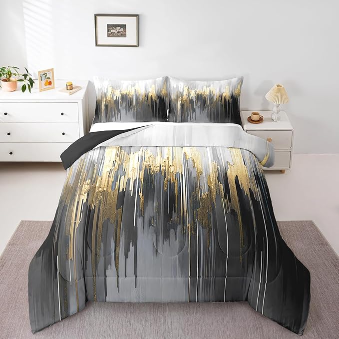 Erosebridal Black Grey Bedding Full Greyish White Painting Comforter Set, Gradient Abstract Chic Vintage Down Comforter Ombre Graffiti Bedding Comforter Sets, Contemporary Modern Duvet Insert
