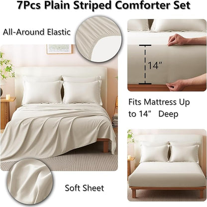CozyLux California King Size Comforter Set - 7 Pieces Bed in a Bag Beige Comforter Set with Sheets Cal King, Soft Bedding Set with Down Alternative Comforter, Sheets, Pillowcases & Shams