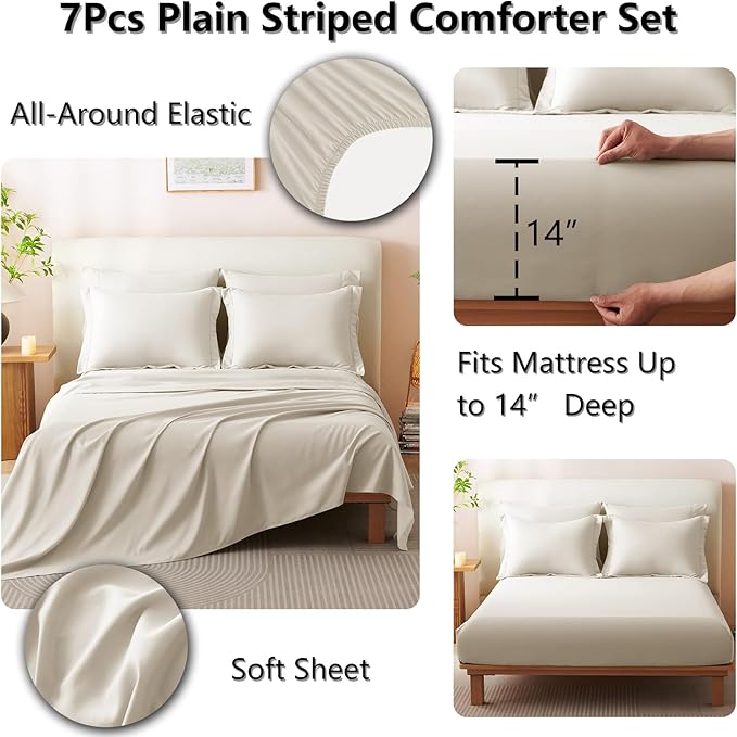 CozyLux Oversized King Comforter Set - 7 Pieces Bed in a Bag Beige Comforter Set with Sheets Luxury Bed Set All Seasons, Soft Bedding Set with Down Alternative Comforter, Sheets, Pillowcases & Shams
