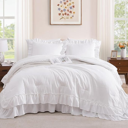 Full Comforter Set White, Ruffle Shabby Chic Bedding Set Farmhouse 7 Pieces, All Season Fluffy Bed in a Bag with Sheets, Pillowcases & Shams