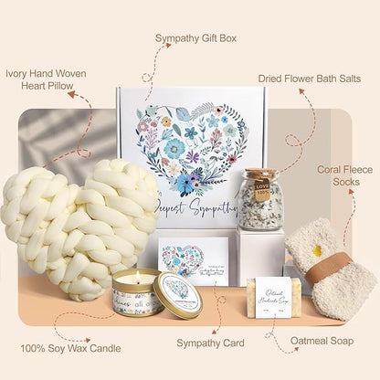 Sympathy Gift Baskets for Loss of Loved One Mother Father Husband Mom Dad, Memorial Condolences Bereavement Grief Gifts for Loss, Miscarriage Gifts for Mothers Women Care Package Box w/Ivory Pillow