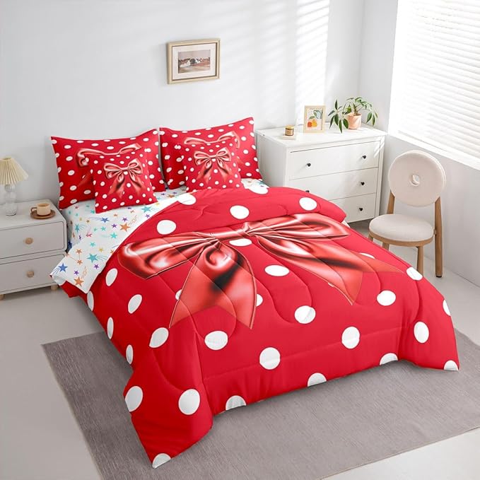 Feelyou Red Bowknot 7 Piece Bedding Set Polka Point Comforter Set with Sheets for Kids Boys Girls Cute Bow Bed in a Bag Princess Theme Bed Set Soft Lightweight