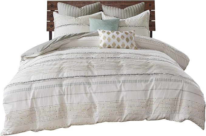 INK+IVY Luxurious Cotton-Bedding Set - Mid Century Trendy Geometric Design, All Season Cozy-Cover With Matching-Shams, Full/Queen, Nea Trims Grey/Multi