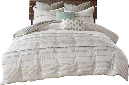 INK+IVY Luxurious Cotton-Bedding Set - Mid Century Trendy Geometric Design, All Season Cozy-Cover With Matching-Shams, Full/Queen, Nea Trims Grey/Multi