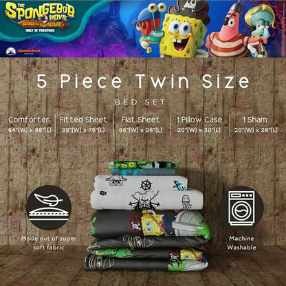 The Spongebob Movie: The Search for Squarepants Bedding Set – Roblox Reward Included - 5 Piece Twin Soft Reversible Comforter & Sheet Set, (Officially Licensed Product) by Franco Kids