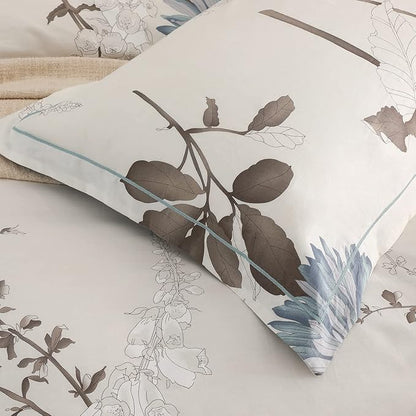 SLEEPBELLA Comforter Queen Size, 600 Thread Count Cotton Brown Branches and Blue Flowers Off-White Comforter Sets, Down Alternative Bedding Set 3Pcs(Queen, Off-White Botanical)
