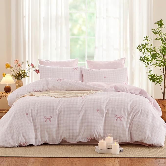 Pink Comforter Set Full Size - Pink Bow Quilt Bedding Set 3 Pieces, Heart Comforter Set Full, Soft & Lightweight Comforter(79‘’ x 90‘’) for Girl All Season & 2 Pillowcases(30‘’x20‘’)