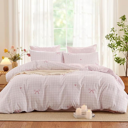 Pink Comforter Set Full Size - Pink Bow Quilt Bedding Set 3 Pieces, Heart Comforter Set Full, Soft & Lightweight Comforter(79‘’ x 90‘’) for Girl All Season & 2 Pillowcases(30‘’x20‘’)
