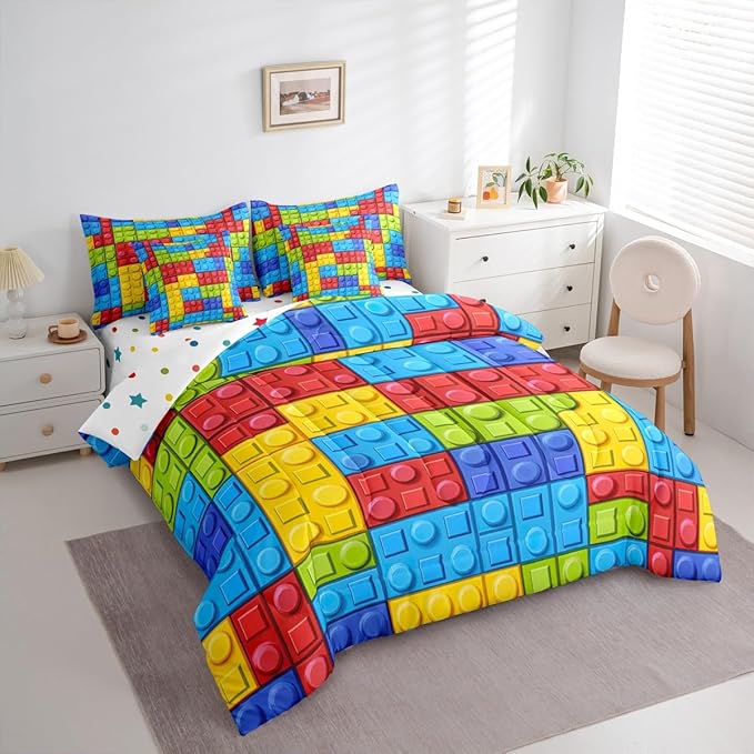 Feelyou Colorful Toy 7 Piece Bedding Set Teen Women Men Funny Building Blocks Decoration Comforter Set with Sheets King Size Kids Boys Colorful Geometric Brick Bed in a Bag Cute Games Room Decor