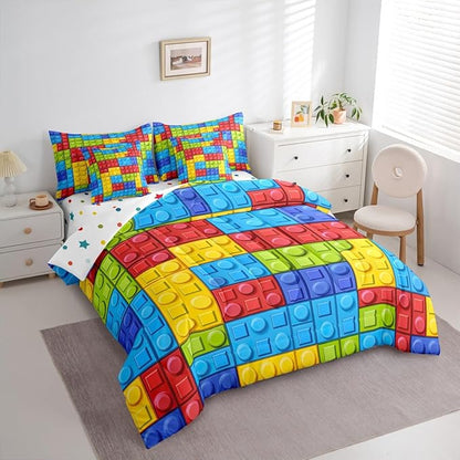 Feelyou Colorful Toy 7 Piece Bedding Set Teen Women Men Funny Building Blocks Decoration Comforter Set with Sheets King Size Kids Boys Colorful Geometric Brick Bed in a Bag Cute Games Room Decor