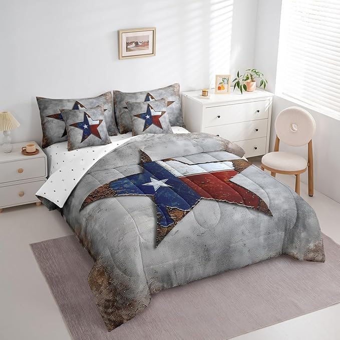 Vintage Texas Stars Bedding Comforter Sets 7-Piece Retro Flag Print Bed in a Bag, Grunge Grey King Bedding Sets Texas Star Comforter Set King, American Flag Pattern Bedding Sets & Collections