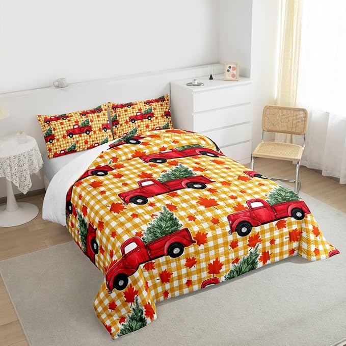 Erosebridal Christmas Comforter Set Queen, Red Truck Down Comforter, Xmas Tree Maple Leaves Bedding Set, Yellow Lattice Grid Bedding Comforters & Sets, Autum Quilt Set for Kids Teens Bedroom Decor