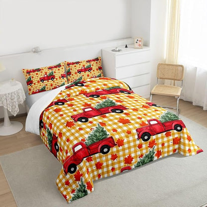 Erosebridal Christmas Comforter Set King, Red Truck Down Comforter, Xmas Tree Maple Leaves Bedding Set, Yellow Lattice Grid Comforters & Sets, Autum Quilt for Kids Teens Bedroom Decor