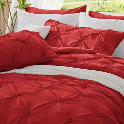 BEDELITE Red Queen Comforter Set - 3 Pieces Boho Pintuck Bedding Comforter Sets, Lightweight Soft & Warm Bed Comforter Queen with 2 Pillowcases for All Season
