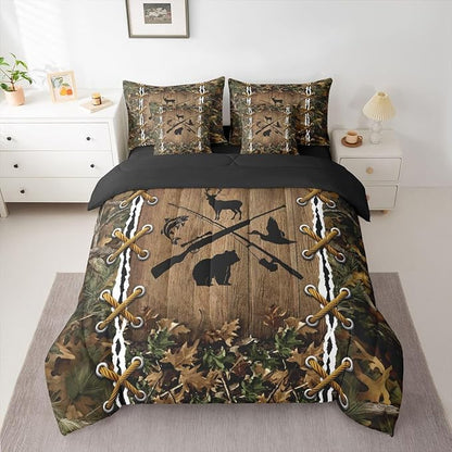 Camouflage Bed in a Bag Queen Comforter Set 7 Piece | Bass Fish Duck Bear Deer Fishing Bedding Sets Country Hunting Comforter and Sheet Set, Woodland Animals Farmhouse Bed Sets,Rustic Cabin Decor