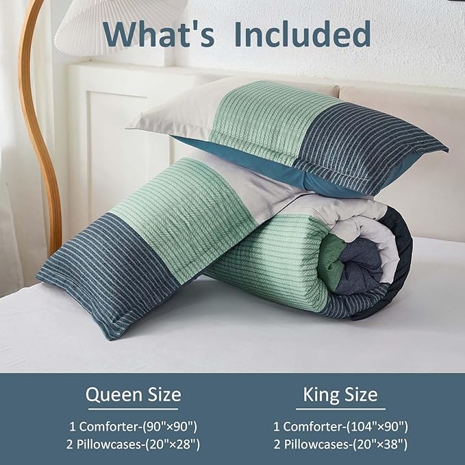 WONGS BEDDING Comforter Set Queen Size, 3 Pieces Blue Striped Patchwork Comforter for Queen Bed, Soft Microfiber Reversible Bedding Set for All Season (90"x90")